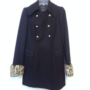 Black Wool Faux Leopard Fur Cuffed Coat